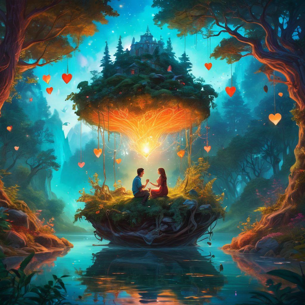 A whimsical landscape featuring a couple engaged in an adventurous romantic quest, surrounded by enchanting forests, mystical creatures, and ethereal lights. The scene should convey a sense of wonder and excitement, with hearts subtly incorporated into the scenery. Add elements of fantasy like floating islands and magical artifacts that represent their journey of passion and connection. vibrant colors. fantasy illustration. dreamy atmosphere.