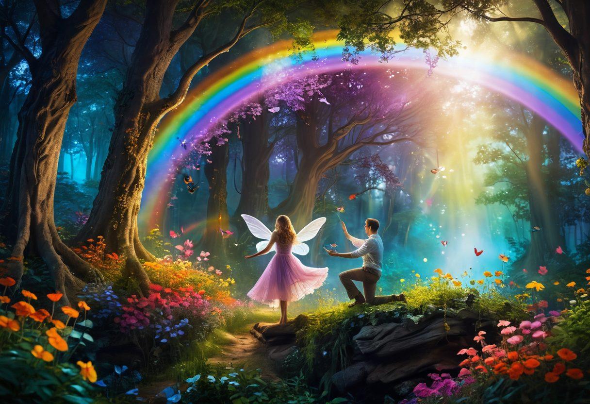 A whimsical scene depicting a couple in a lush, enchanted forest, surrounded by colorful fairies and glowing flowers, as they share a romantic moment under a vibrant rainbow. Incorporate elements of surrealism with playful imagery like floating hearts and musical notes in the air. The atmosphere should be warm and magical, evoking passion and joy. vibrant colors. fantasy style. soft focus.