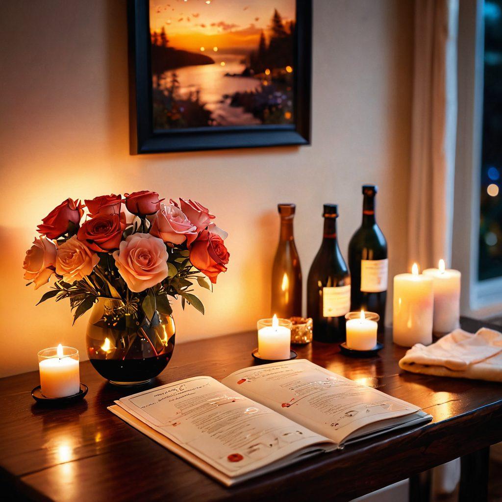 A cozy setting for a romantic evening, featuring a beautifully set table with flickering candles and soft flower arrangements, a couple whispering intimately with playful smiles, warm lighting enveloped in a soft-focus glow, and illustrations of sensual adventure items like a massage oil bottle and a travel map in the background. super-realistic. warm colors. soft focus.